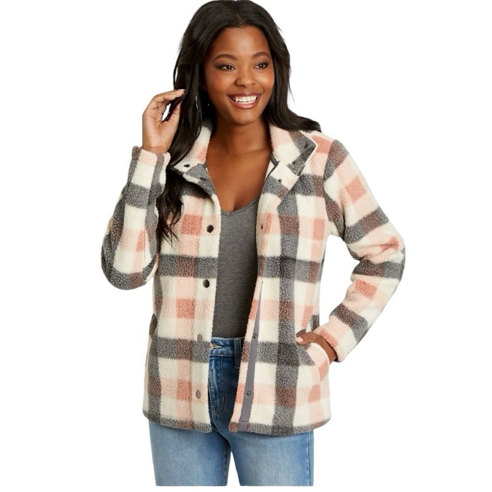 Maurices Women's Size MEDIUM Plaid Sherpa Jacket Cozy Coat Pockets Casual